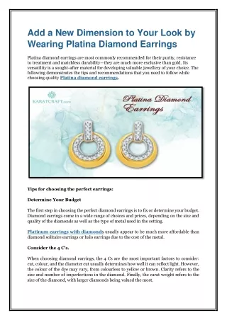 Add a New Dimension to Your Look by Wearing Platina Diamond Earrings