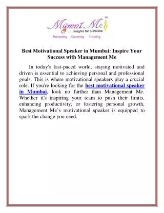 Best Motivational Speaker in Mumbai Inspire Your Success with Management Me