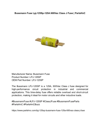 Bussmann Fuse Lpj-125Sp-125A 600Vac Class J Fuse _ PartsHnC