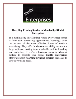 Hoarding Printing Service in Mumbai by Riddhi Enterprises