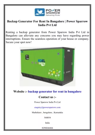 Backup Generator For Rent In Bangalore   Power Sparrow India Pvt Ltd