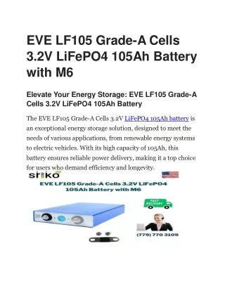 EVE LF105 Grade-A Cells 3.2V LiFePO4 105Ah Battery with M6