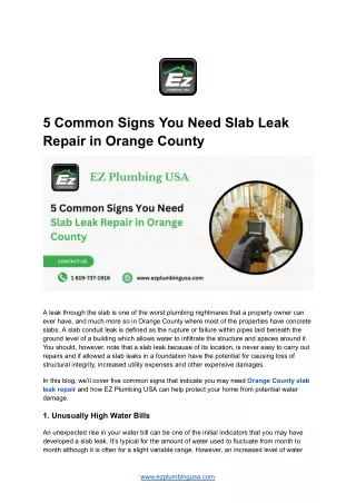 5 Common Signs You Need Slab Leak Repair in Orange County
