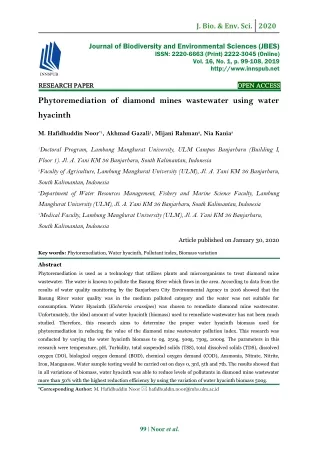 Phytoremediation of diamond mines wastewater using water hyacinth