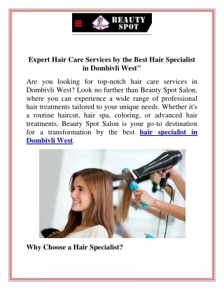 Expert Hair Care Services by the Best Hair Specialist in Dombivli West