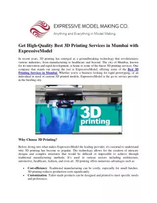 Get High-Quality Best 3D Printing Services in Mumbai with ExpressiveModel