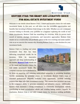 Restore Utah The Smart and Lucrative Choice for Real Estate Investment Funds