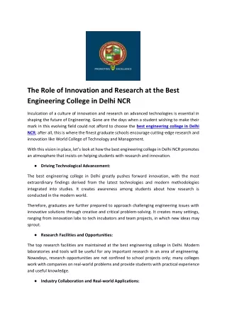 The Role of Innovation and Research at the Best Engineering College in Delhi NCR