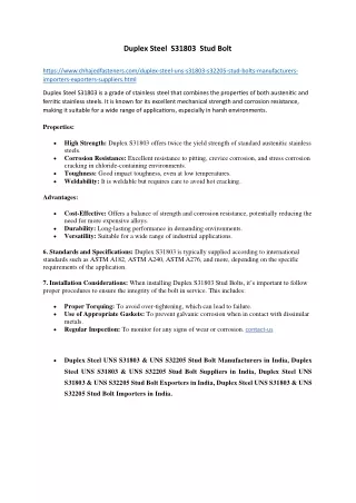 Duplex Steel  S31803  Stud Bolt Stockists