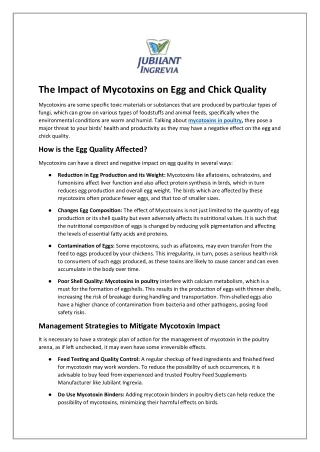 The Impact of Mycotoxins on Egg and Chick Quality