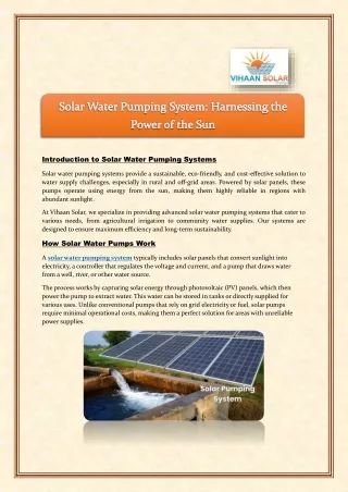 Solar Water Pumping System Harnessing the Power of the Sun