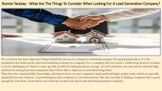 Ronnie Tarabay - What Are The Things To Consider When Looking For A Lead Generation Company