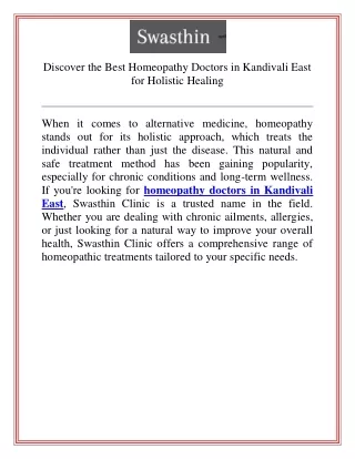 Discover the Best Homeopathy Doctors in Kandivali East for Holistic Healing