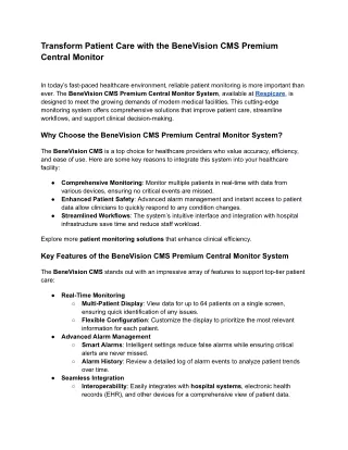 Transform Patient Care with the BeneVision CMS Premium Central Monitor