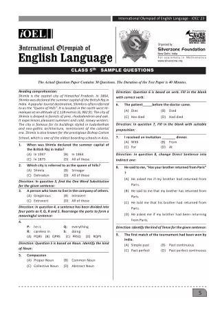 International Olympiad of English (IOEL) Class 5 Sample Paper