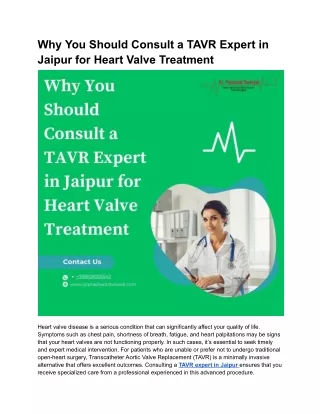 Why You Should Consult a TAVR Expert in Jaipur for Heart Valve Treatment