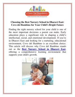 Choosing the Best Nursery School in Dharavi East Covo del Bambino for Your Child’s Bright Future