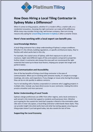 How Does Hiring a Local Tiling Contractor in Sydney Make a Difference