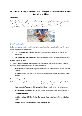 Dr. Jitendra K Gupta: Alwar’s Leading Hair Transplant, Plastic, and Cosmetic Sur