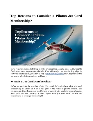 Top Reasons to Consider a Pilatus Jet Card Membership