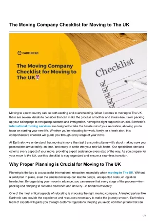 The Moving Company Checklist for Moving to The UK
