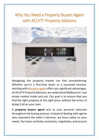 Why You Need a Property Buyers Agent with ACUITY Property Advisory