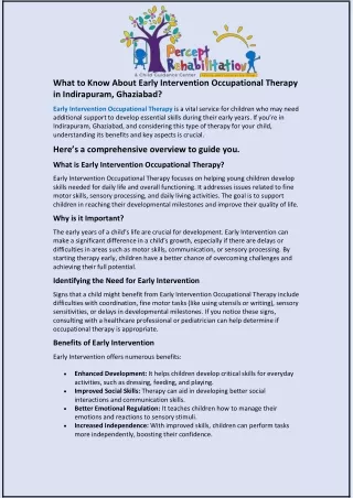 What to Know About Early Intervention Occupational Therapy in Indirapuram?