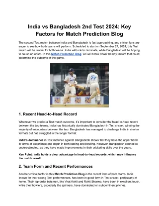 India vs Bangladesh 2nd Test 2024_ Key Factors for Match Prediction Blog