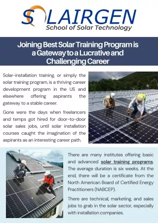 Joining Best Solar Training Program is a Gateway to a Lucrative and Challenging
