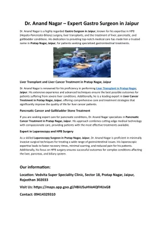 Dr. Anand Nagar: Leading Gastro Surgeon in Jaipur Specializing in HPB Surgery, L
