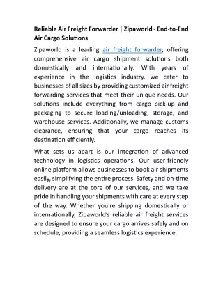 Reliable Air Freight Forwarder | Zipaworld - End-to-End Air Cargo Solutions