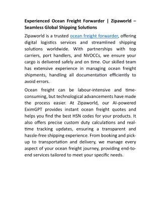 Experienced Ocean Freight Forwarder