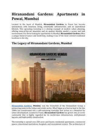 Hiranandani Gardens | Flats for Sale In Powai Mumbai