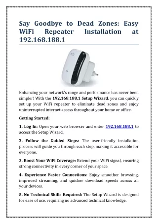 Say Goodbye to Dead Zones Easy WiFi Repeater Installation at 192.168.188.1