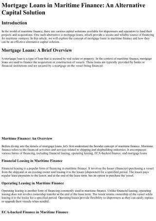 Mortgage Loans in Maritime Finance An Alternative Capital Solution
