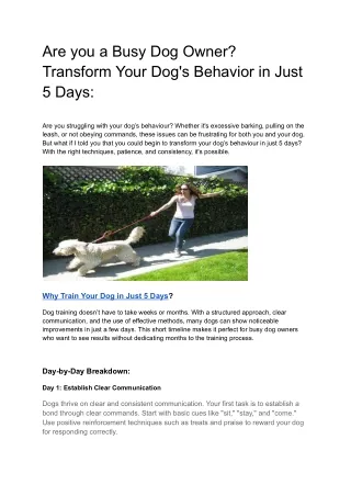Are you a Busy Dog Owner? Transform Your Dog's Behavior in Just 5 Days: