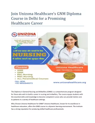 Join Unizona Healthcare's GNM Diploma Course in Delhi for a Promising Healthcare Career