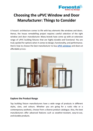 Choosing the uPVC Window and Door Manufacturer: Things to Consider