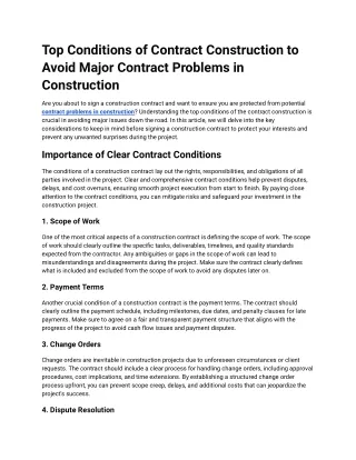 Top Conditions of Contract Construction to Avoid Major Contract Problems in Cons