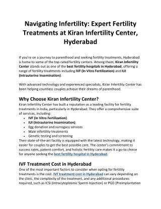 Navigating Infertility Expert Fertility Treatments at Kiran Infertility Center, Hyderabad