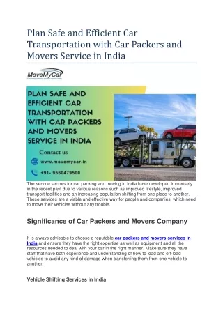 Plan Safe and Efficient Car Transportation with Car Packers and Movers Service in India