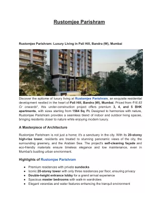 Rustomjee Parishram Luxury Apartments for Sale in Pali Hill, Bandra (W), Mumbai