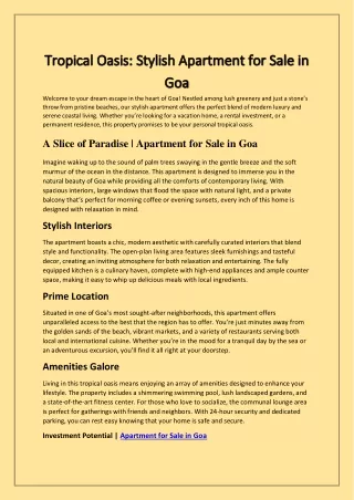 Tropical Oasis: Stylish Apartment for Sale in Goa