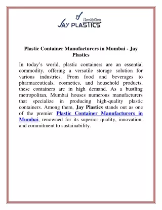 Plastic Container Manufacturers in Mumbai  Jay Plastics