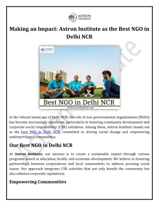 Making an Impact Astron Institute as the Best NGO in Delhi NCR