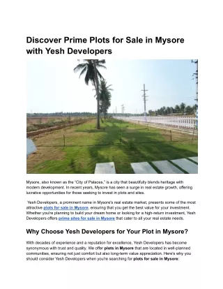 Discover Prime Plots for Sale in Mysore with Yesh Developers