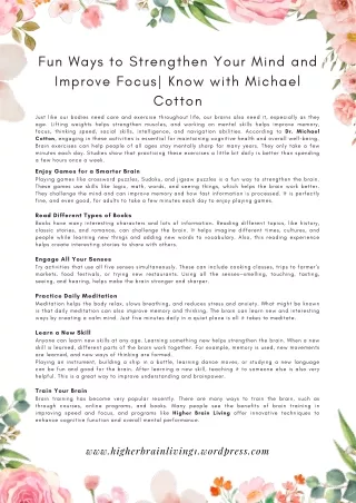 Fun Ways to Strengthen Your Mind and Improve Focus Know with Michael Cotton