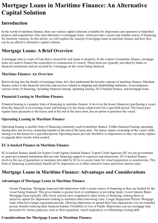 Mortgage Loans in Maritime Finance An Alternative Capital Solution