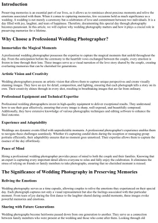 Preserving Memories: Why Wedding Photography Matters
