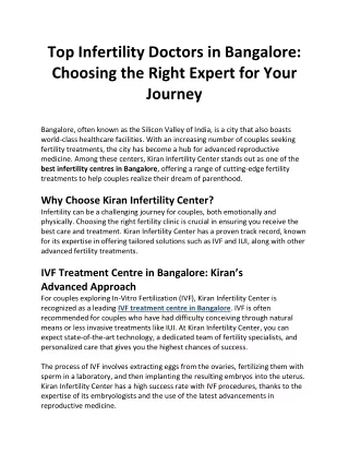 Top Infertility Doctors in Bangalore Choosing the Right Expert for Your Journey